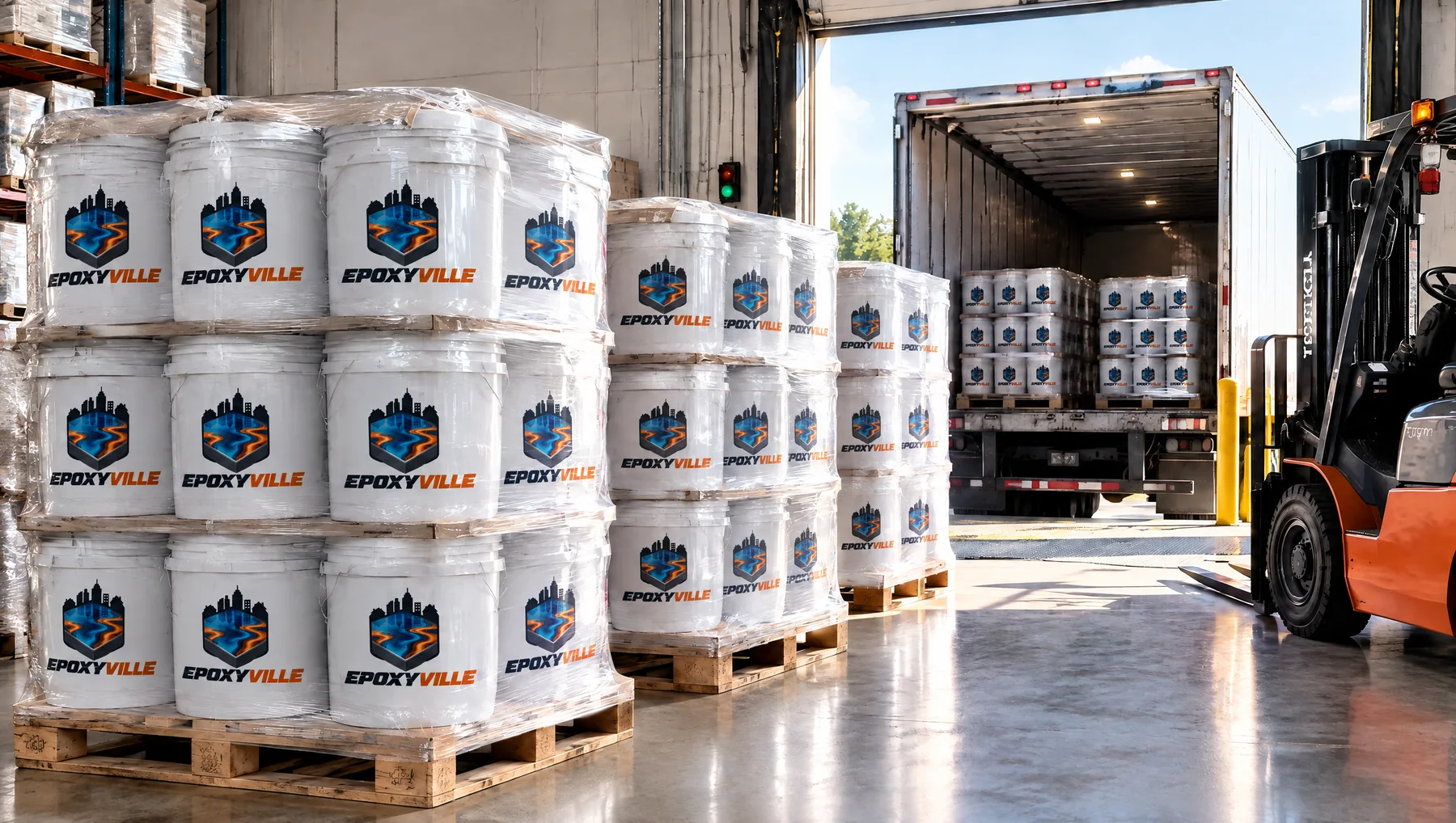 Pallets of Epoxyville pails at a loading dock